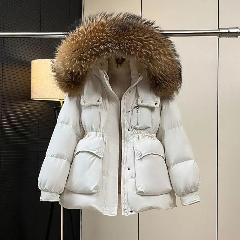 2025 Winter neue Echt waschbären pelz kragen unten Jacke frauen Koreanische version Schlank Dicke taille Mit Kapuze Ente unten mantel Weibliche Parker