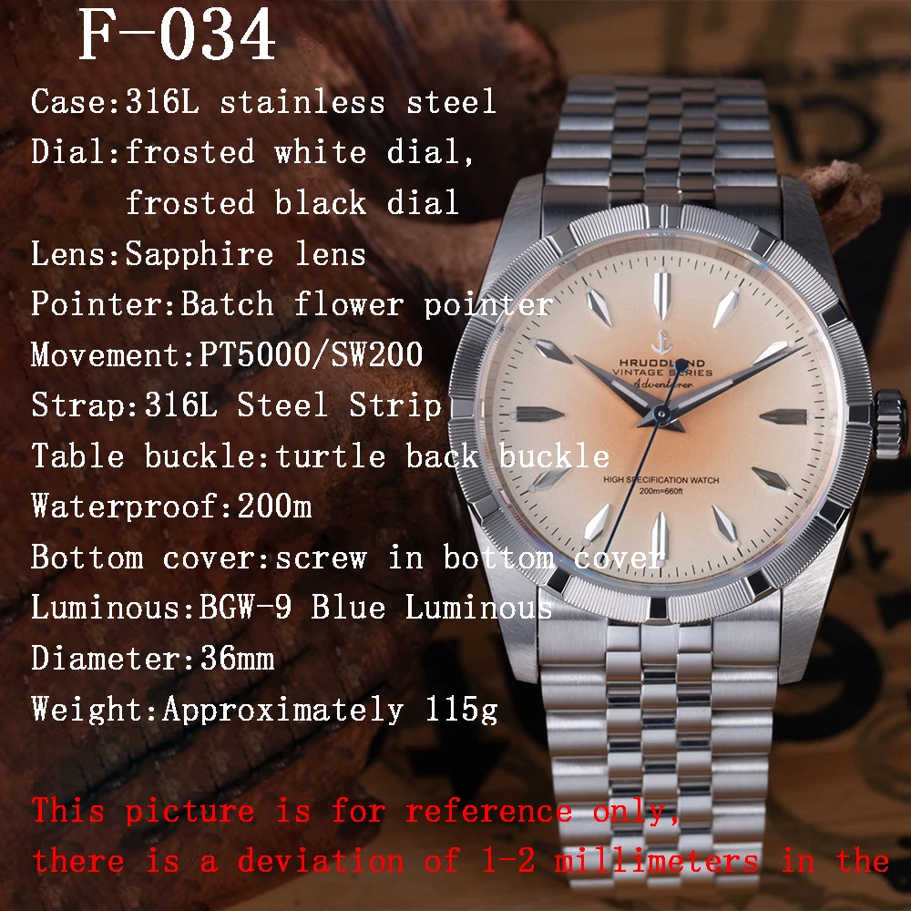 Hruodland 2026 New 36mm retro five bead strap with 20bar waterproof workwear mechanical watch sapphire business casual BGW-9