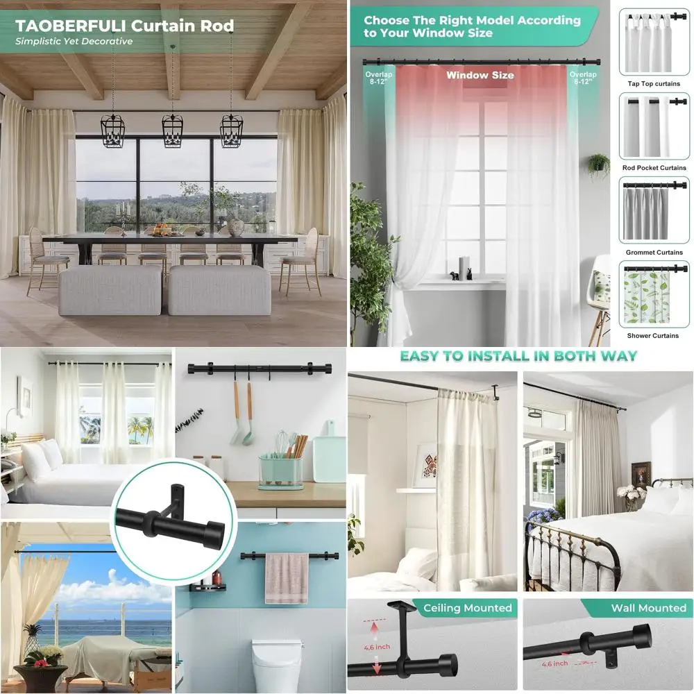 

120-240 Matte Black Heavy Duty Curtain Rod, 1 Diameter, Adjustable for Large Windows & Outdoor Use with Cap Finials