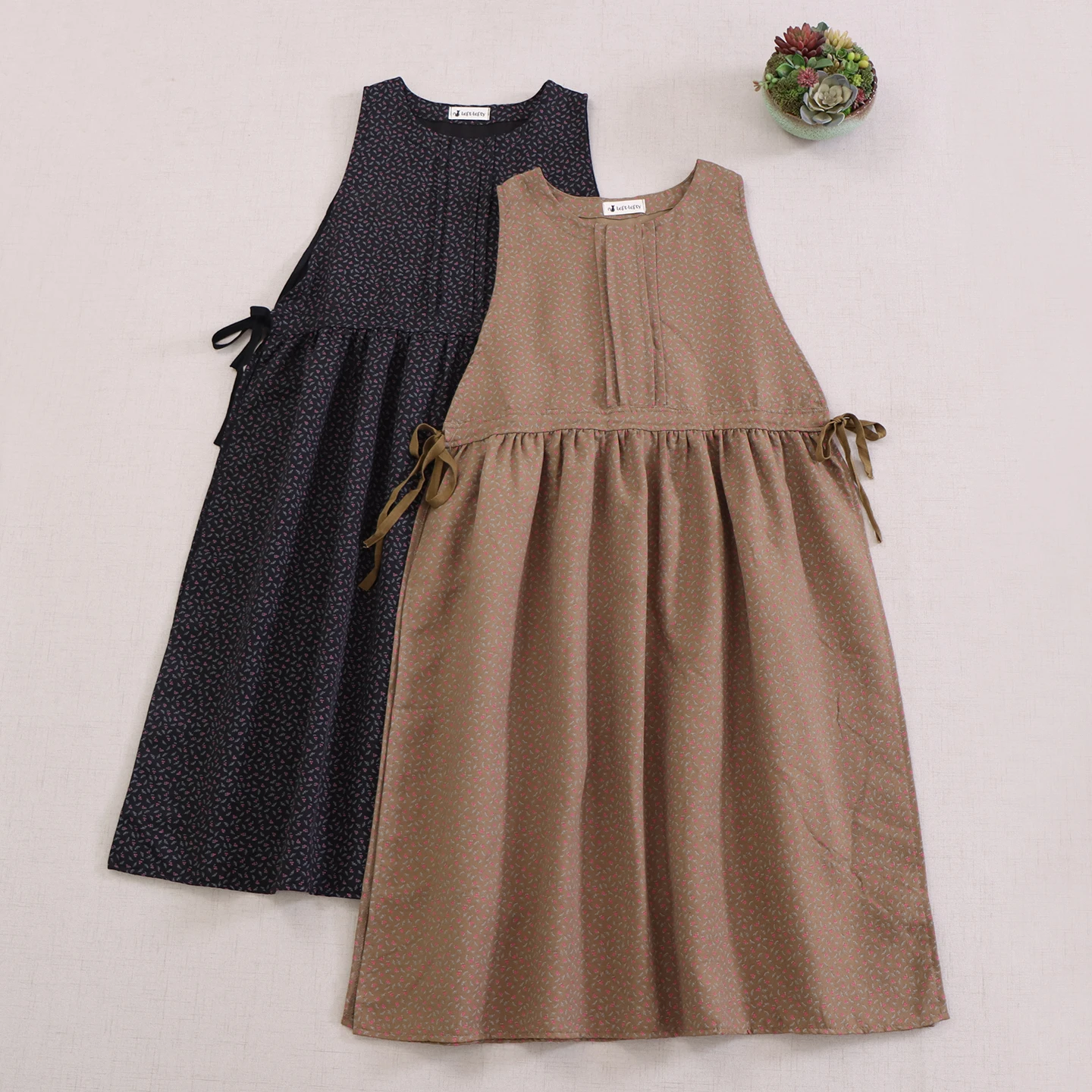 Japanese Mori Girl Vintage Floral Print Cotton Vest Dress Women Autumn O-Neck Sleeveless Casual Loose Drawstring Slit Tank Dress