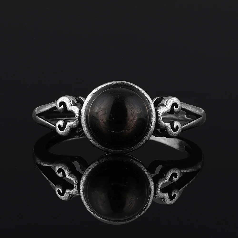 1pc100% natural jinyun stone round black gemstone ring, suitable for women adjustable copper-plated 925 silver ring, for parties