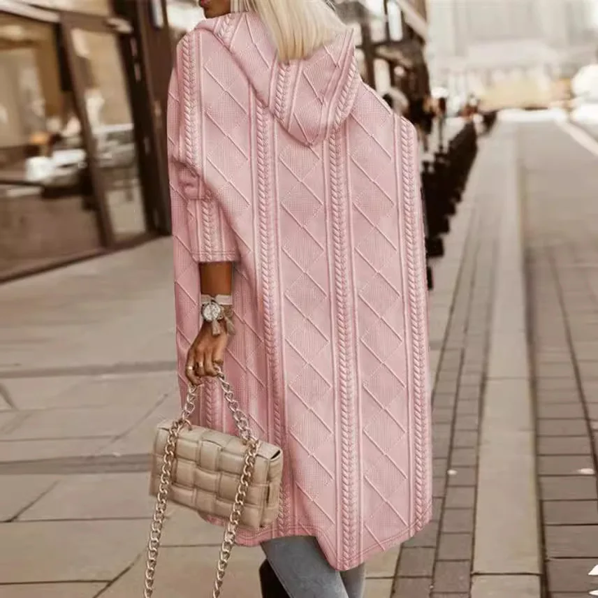 2025 Autumn and Winter New Women's European and American Pattern Hooded Medium and Long Trench Coat