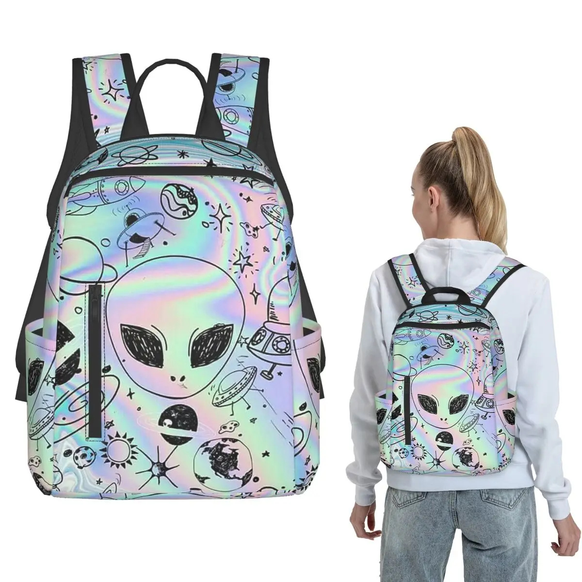 Wonderful Green Alien Universe Wondrous Cosmos With Planet And Stars Large Capacity Boys Girls BookBag School Bag Shoulder Bags