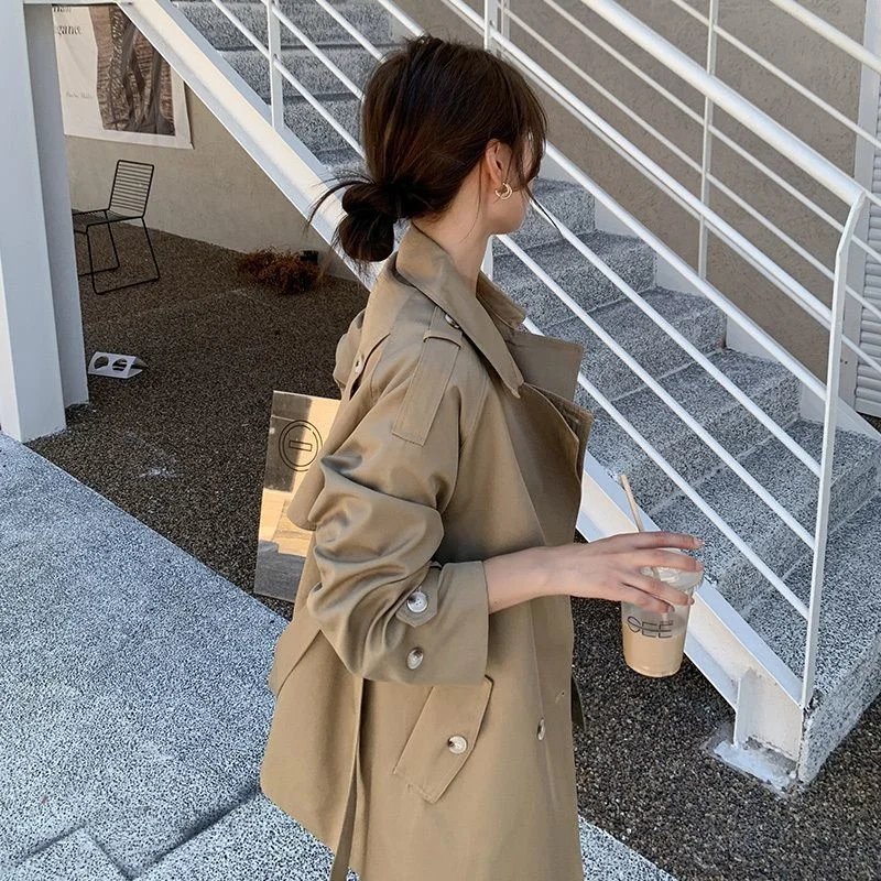 British Style Trench Coat For Women Spring Autumn Lapel Long Khaki Overcoat Casual Long Sleeve Waistband Windbreaker Female