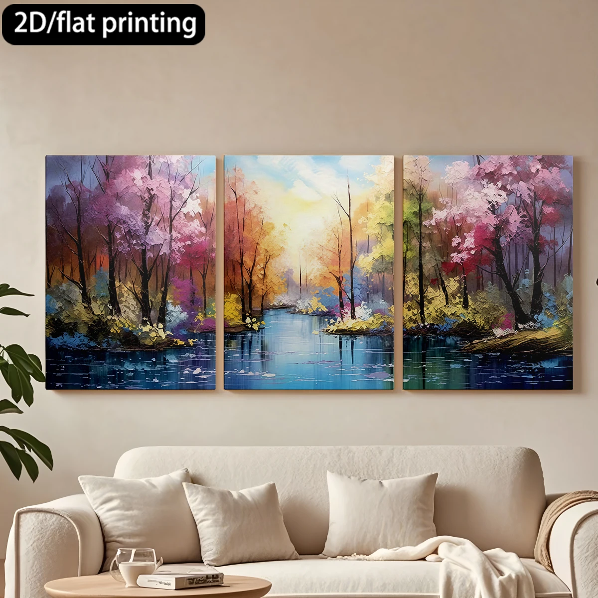 

2D flat printing 3pc wooden frame canvas decorative painting Riverside scene, colorful trees, serene.