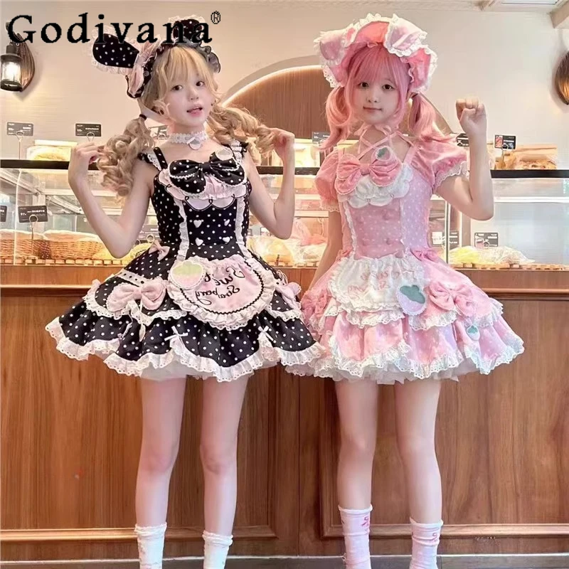 

Sweet Lolita Birthday Party Dress JSK Woman's Japanese Cute Bow Polka Dot Print Short Sleeve Dress OP Soft Girls Lo Bud Dress