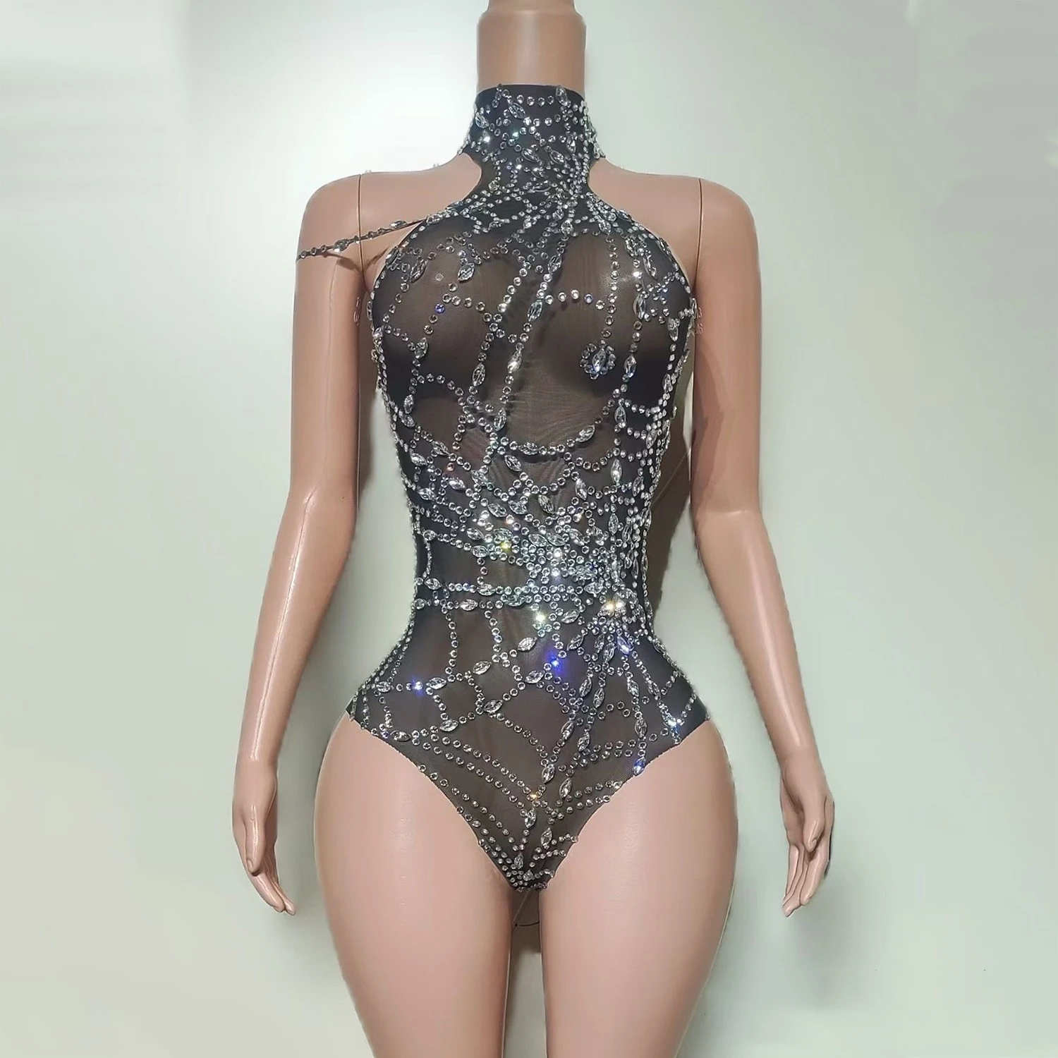 2025 sexy malha perspectiva diamante bodysuit boate bar dj trajes de desempenho feminino modelo gogo dançarinos vestido palco dn21781