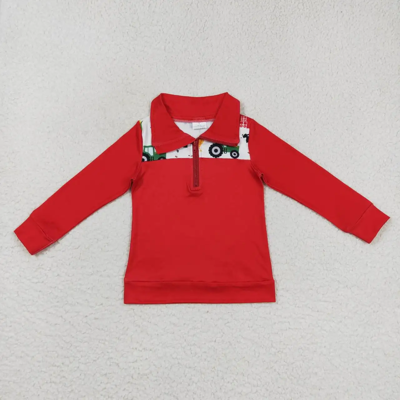 

Wholesale hot sale kids children's clothing for baby boys clothes Boy farm animal Red House tractor corn zipper long sleeve top