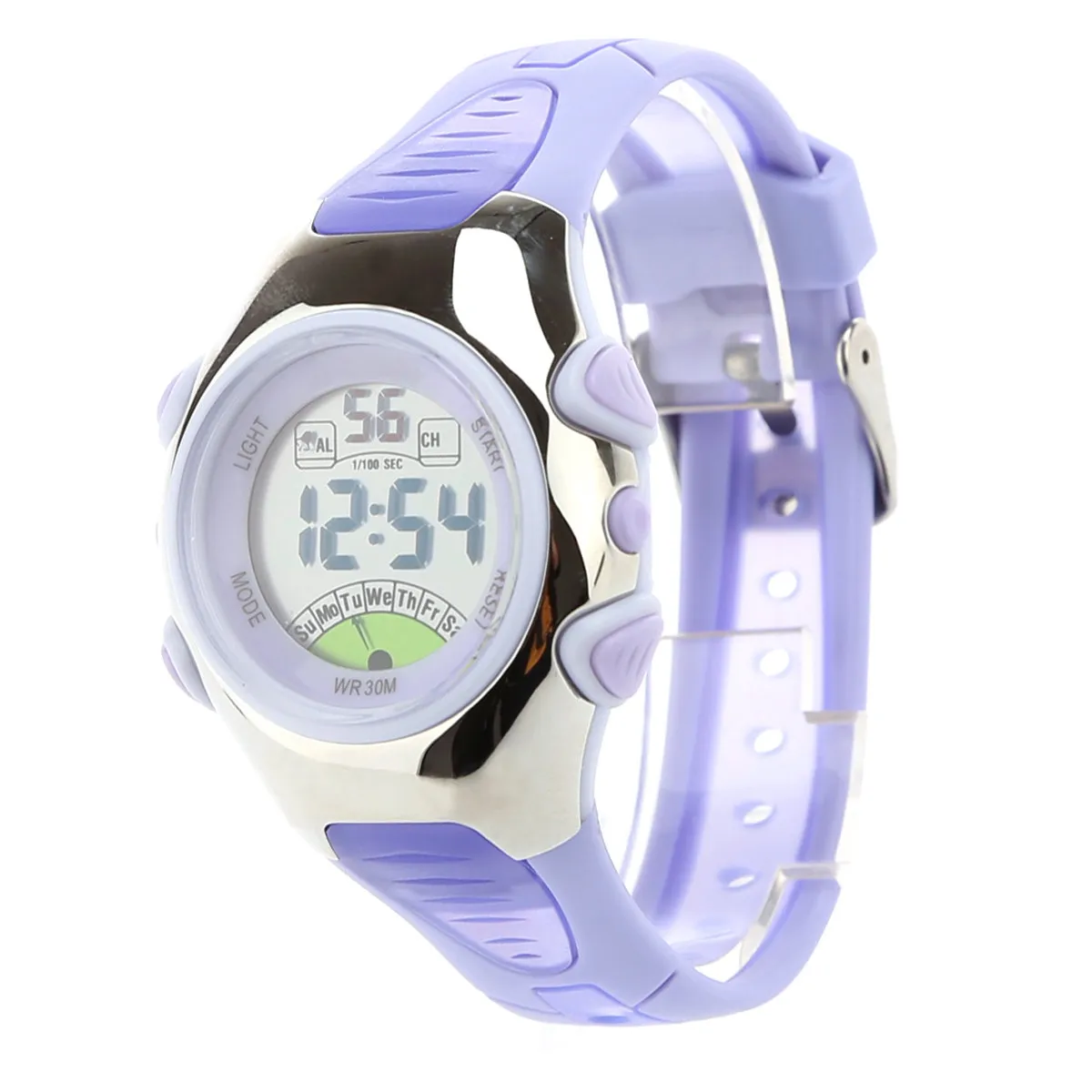 Pse-219 LED Digital Sports Watch Waterproof 30M Purple Adjustable Rubber Strap Hard Plastic Case Hourly Chime Stopwatch