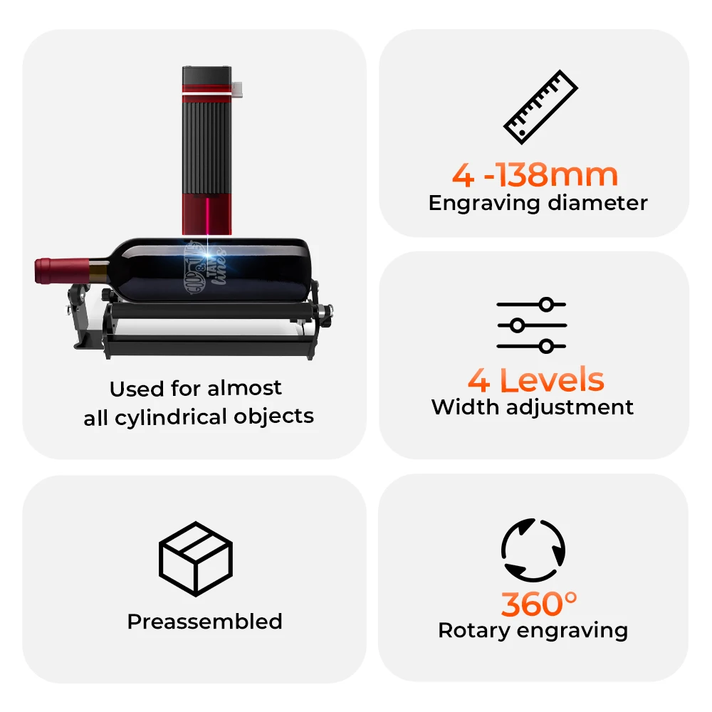 ELIDOR Drehmodul Drehwalze Für Lasergravur 4-138mm Zylindrisch Mit Y Achse 360° Grad Drehung Kompatibel Mit Lasergraviermaschinen – Detail 1