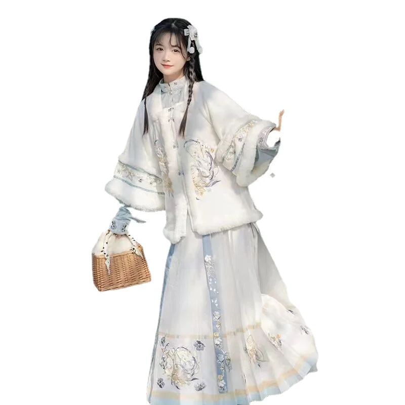 Capa hanfu estilo longo feminino com veludo e grosso casaco quente estilo chinês com capuz cabo antigo vestido de outono e inverno