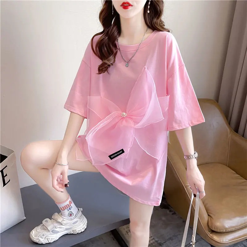 New Hot Style Design Big Bow Mid-Length Women\'s T-Shirt Korean Fashion Short-Sleeved Tops 2023 100% Cotton