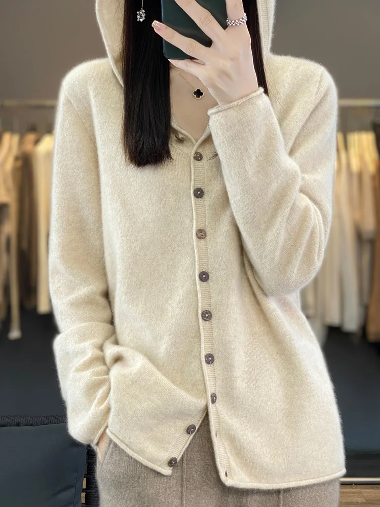 Female 100% Merino Wool Sweater Women Cashmere Cardigan Knitwear Loose Hoodie Clothing Fimora Spring Autumn Comfort Tops