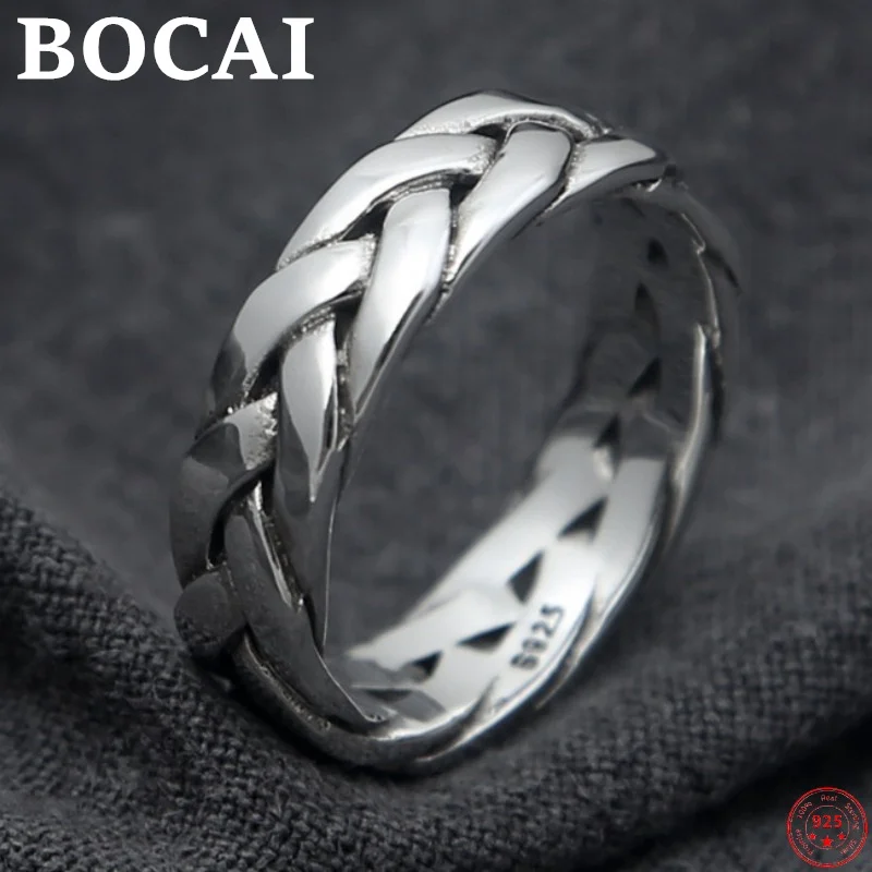 BOCAI S925 Sterling Silver Rings  New Fashion Thickened Twist Weaven-Pattern Solid Pure Argentum Punk Jewelry for Men Women