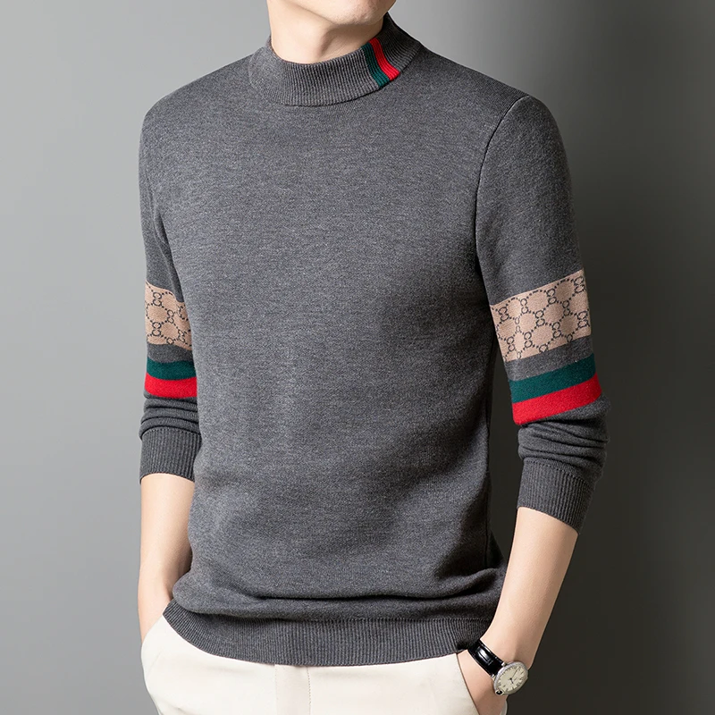 Suéter de manga larga para hombre, cuello semialto, otoño e invierno, con base estampada de moda, lujo ligero y de moda
