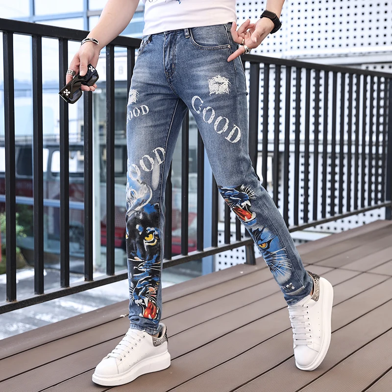 2024handsome menswear personalized printed jeans men's trendy slim fit skinny casual streetininternet celebrity long pants