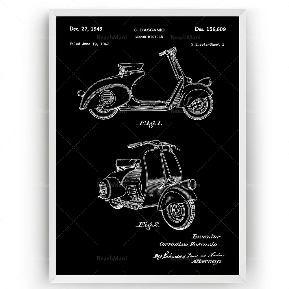 Scooter 1949 Patent Print Moped Wall Art Poster Blueprint Gifts
