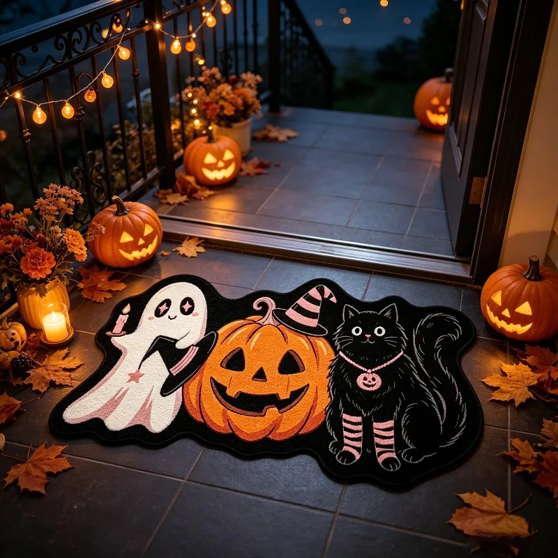 Halloween-Themed Shaped Rug Ghost Pumpkin Black Cat Mats Fun Creative Home Decor Entrance Doormat Bedroom Bedside Carpet