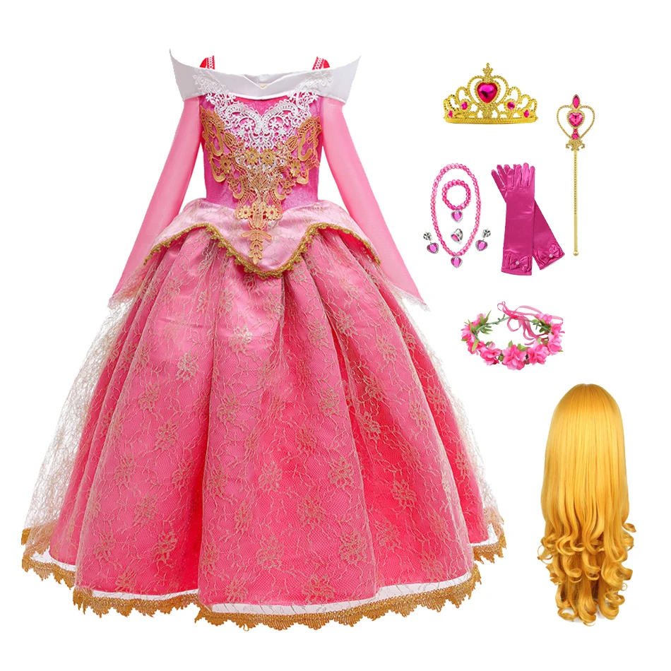 Rosa aurora vestido cosplay para meninas, vestido de princesa, manga longa, fora do ombro, para o dia das bruxas, presente de natal, festa