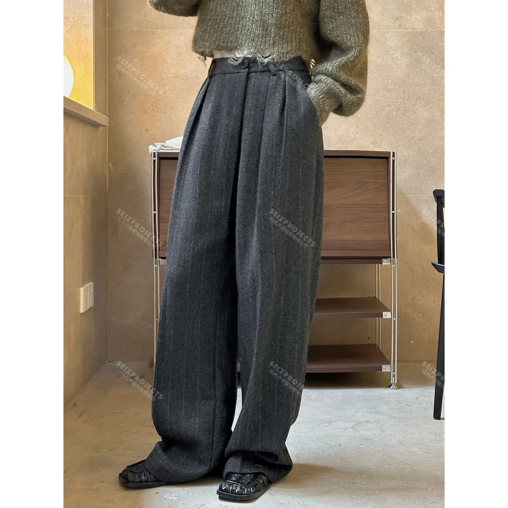 Modern Winter Wide-leg Wool Trousers Women's Loose-fit Thermal Comfortable Style Private Version Paris Fashion Trend