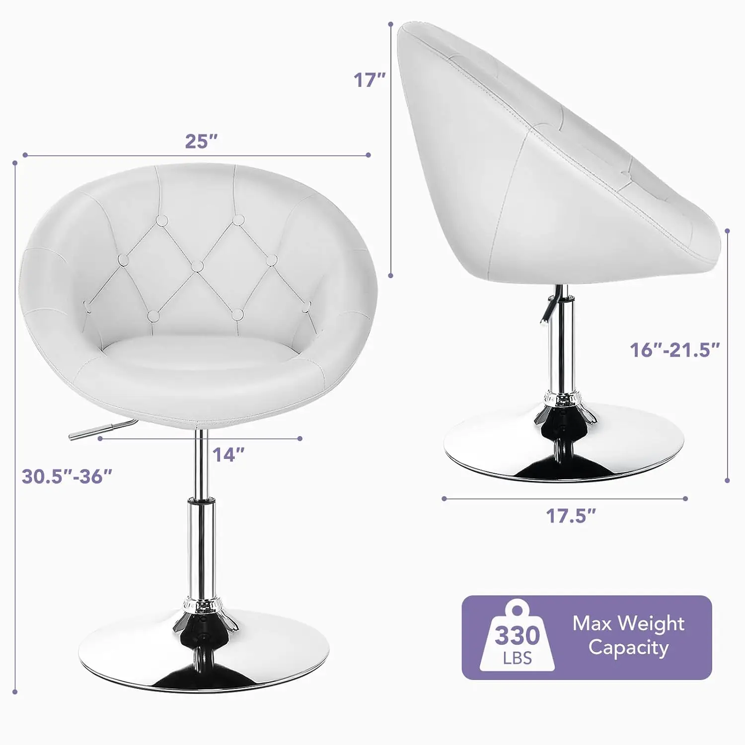 Round Vanity Chair Swivel Height Adjustable with Back for Barber Shop Bar Living Room Makeup Beauty Tilt, White, Customized