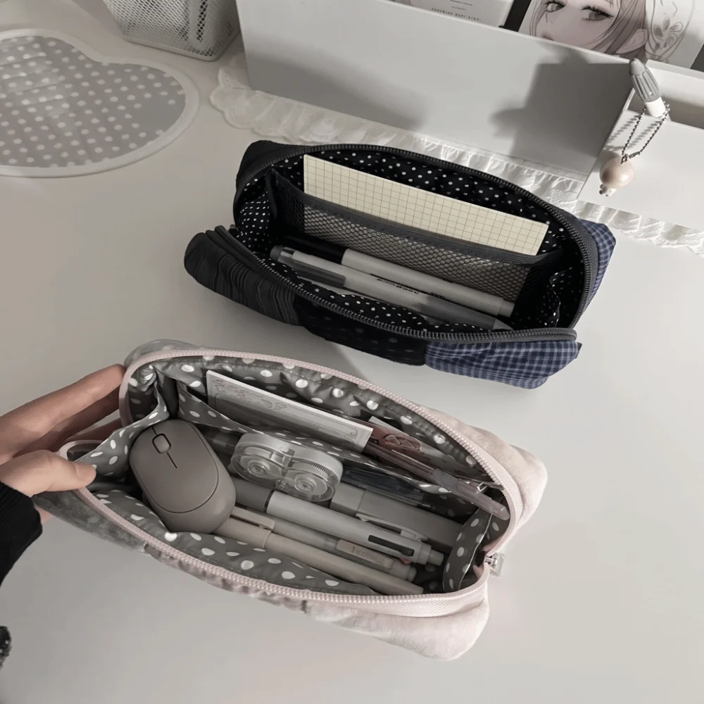 estojo-de-lapis-com-design-em-patchwork-padrao-xadrez-bolsa-para-canetas-com-bolinhas-grande-capacidade-estilo-japones-estojo-de-lapis-em-patchwork-para-uso-em-escritorio