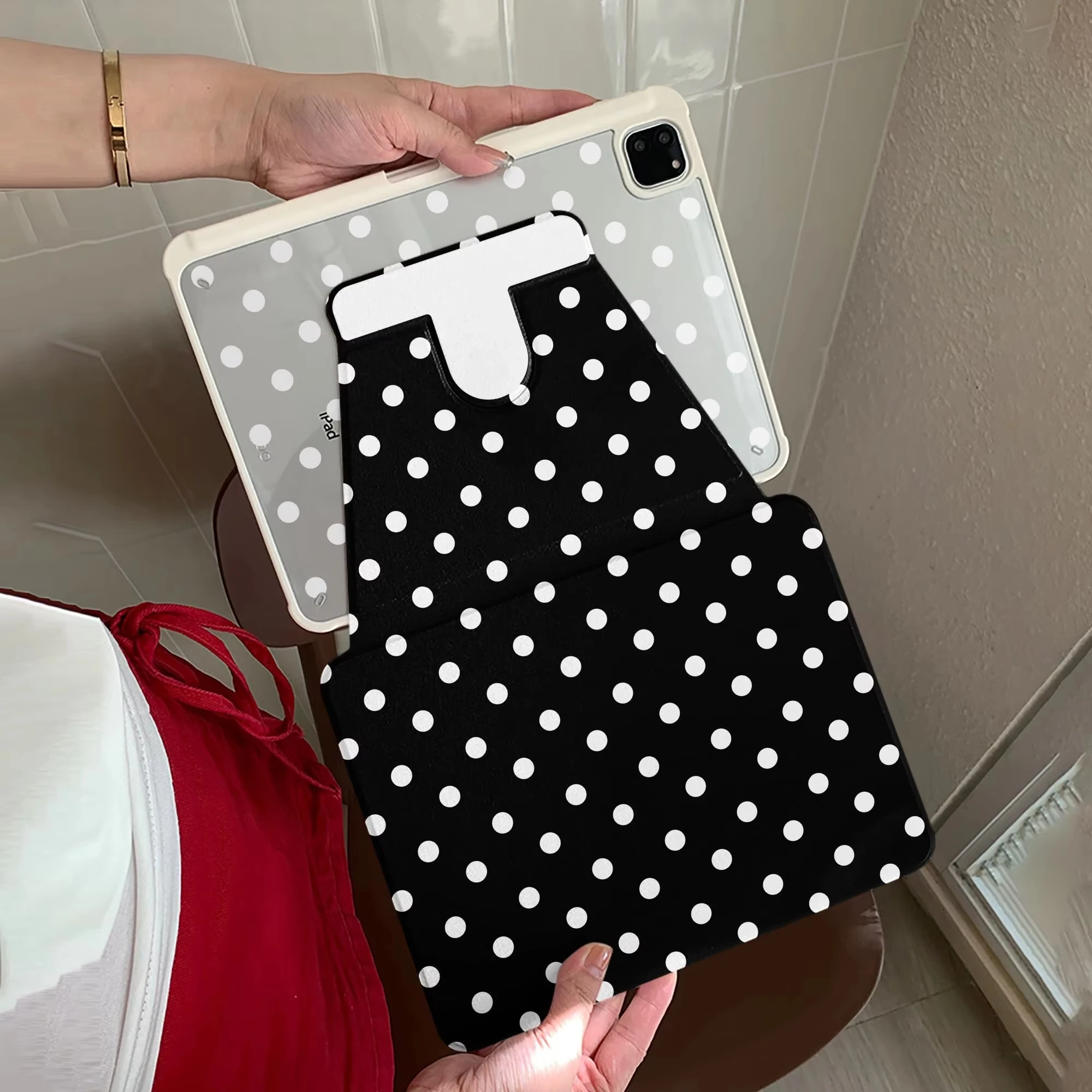 New Black White Polka Dot Y2K 360° Rotation Cover For iPad Pro 13 11th M5 M4 12.9 A16 8 7 9th 10th Air 11 M2 M3 Mini Tablet Case