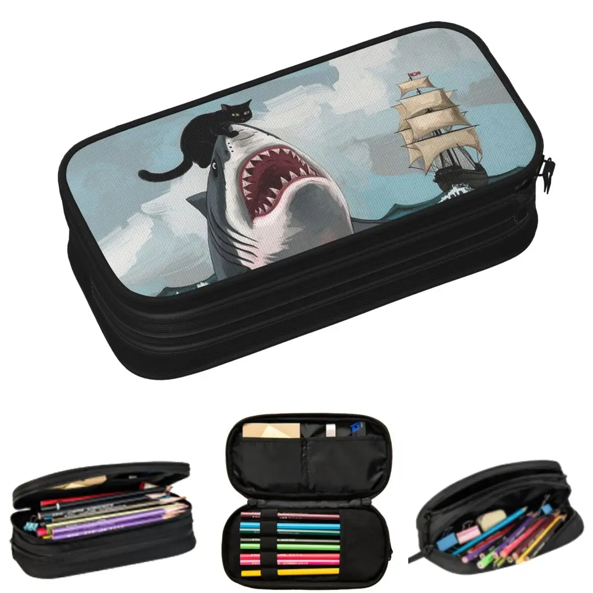 

A Cat Riding A Shark On The Sea Pencil Cases for Student School Pen Box Pencil Bag Large Capacity Pencil Pouch Pen Holder