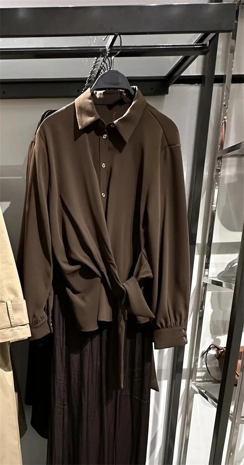 Women's Suit 2025 Autumn New Style Brown Long Sleeve Knotted Decorated Shirt and Wide Leg Trousers Suit Fashionable and Unique