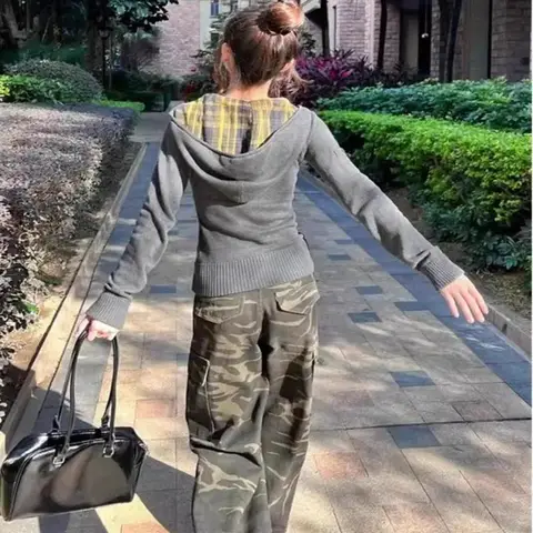 American Retro Plaid Hooded Sweatshirt For Women in Spring Autumn 2025 New Style Slim Fit Waist Zipper Sweater Cardigan Jacket