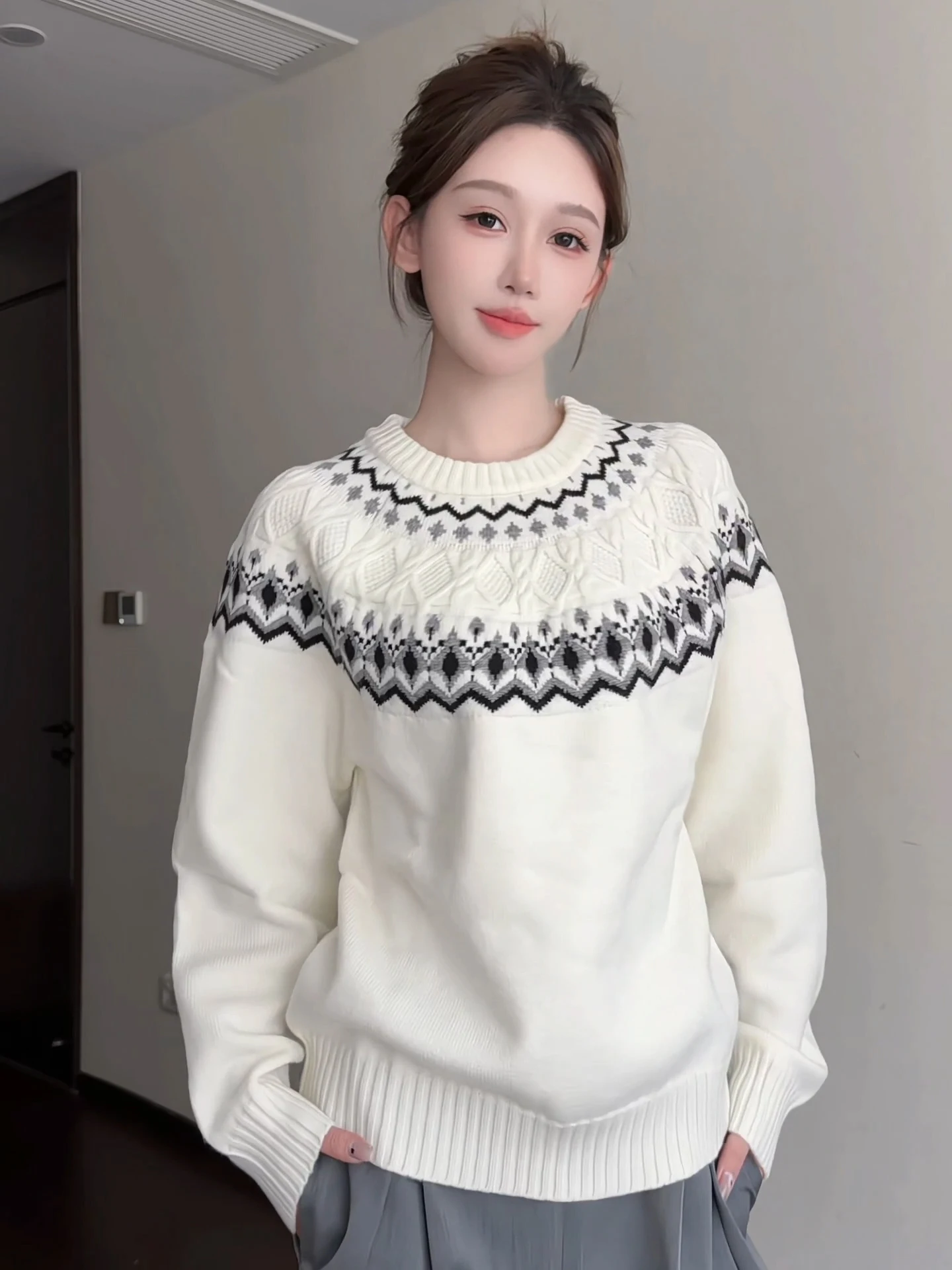 

Retro American Fair Isle round Ne Knitwear Men Women Inner Wear Base irt Couple Matching Autumn Winter Thiened Polyester