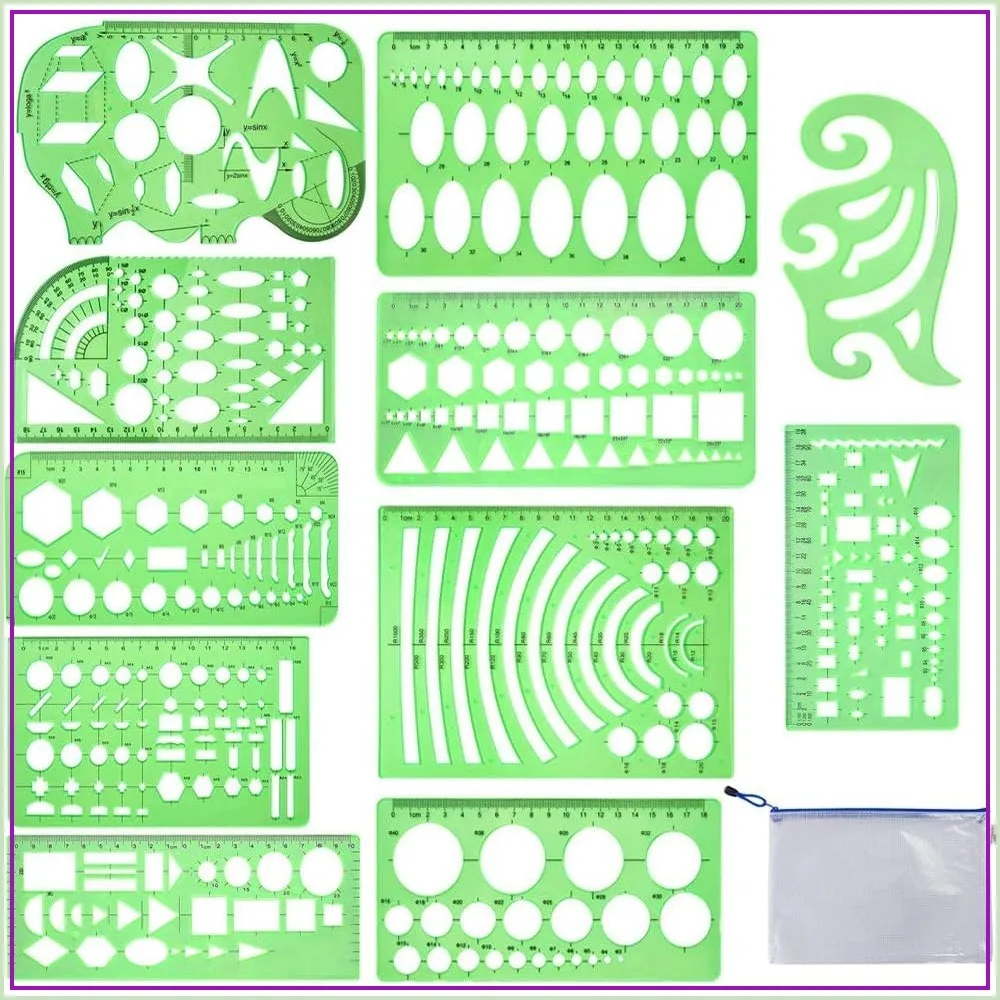 

11 Pcs Geometric Drawing Stencils Plastic Templates for Drafting Engineering School Office