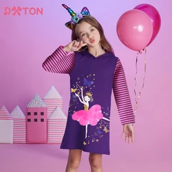 DXTON Toddler Winter Hoodies Dress For Girls Pattern Printed Cotton Children Casual Dress Striped Sleeve Hooded Princess Dresses
