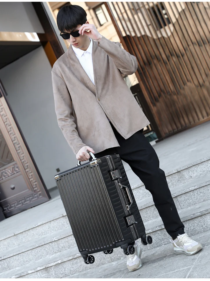 

ex Travel Suitcase Aluminum Frame Carry-On Bag with Combination Lo Faionable Pure Color Zipper Interior PC Material