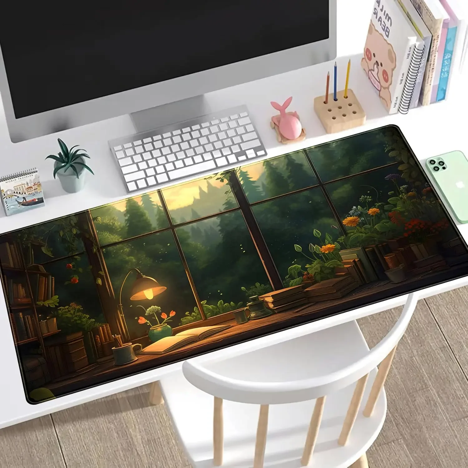 Anime dark green plant table mat cute large extended mouse pad game computer pc suitable for women office decoration accessories