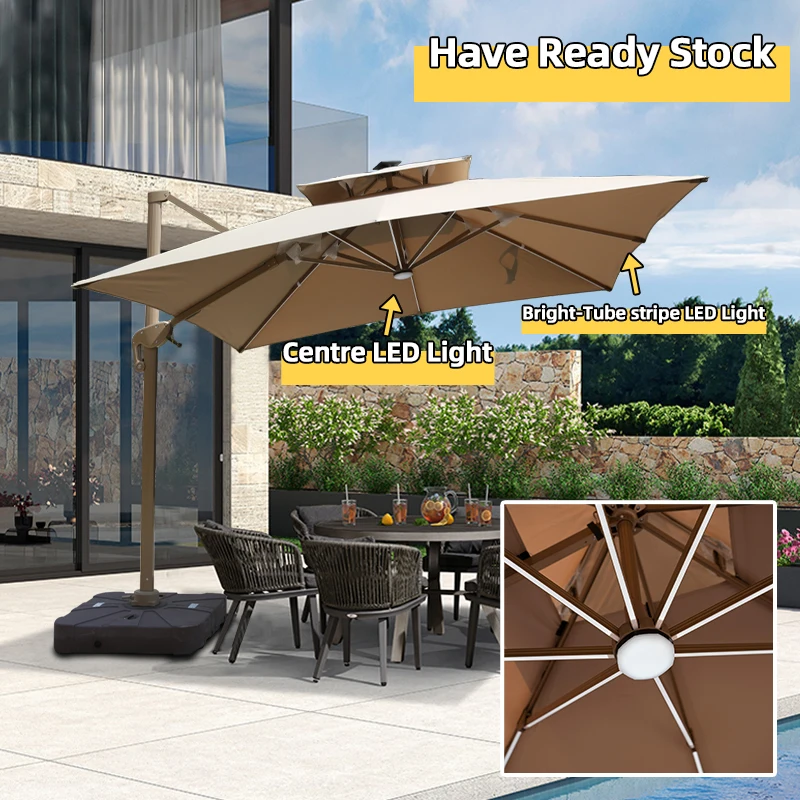 3*4m Solar Light Led Cream White Black Luxury Cantilever Modern Polyester Hotel Use Garden Parasol Tucci Outdoor Roma Umbrella