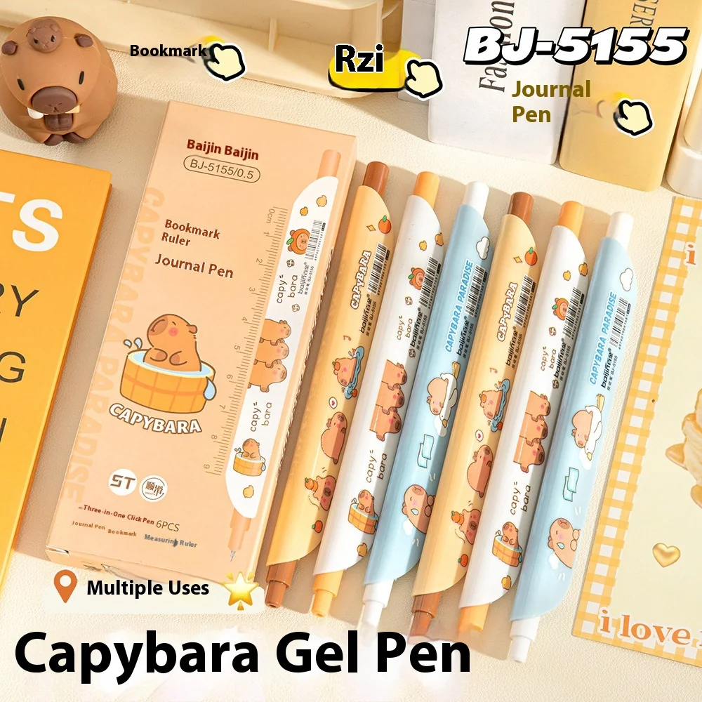 6pcs Cute Kawaii Capybara Animal Shape Gel Pen Multifunction Bookmark Ruler Signature Writing Pens School Office Supplies Gift