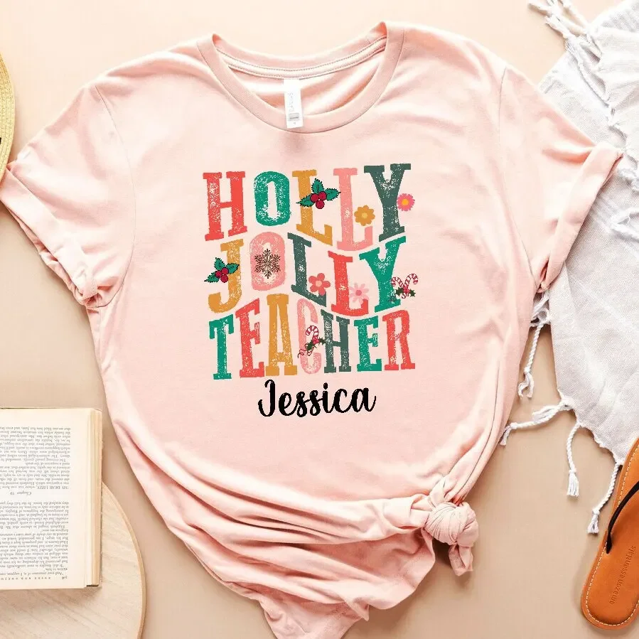 Retro Holly Jolly Teacher Christmas T Shirt Cute