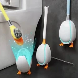 Cute Diving Duck Shape Toilet Brush with Base Holder Wall-mounted Floor-Standing Silicone Toilet Brush Bathroom Cleaning Brush