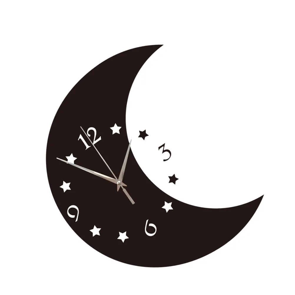 1Pcs Mirror Surface Hanging Clock Moon Star Theme Silent Accurate Wall Clock for Living Room Bedroom Office Restaurant Ktv Home
