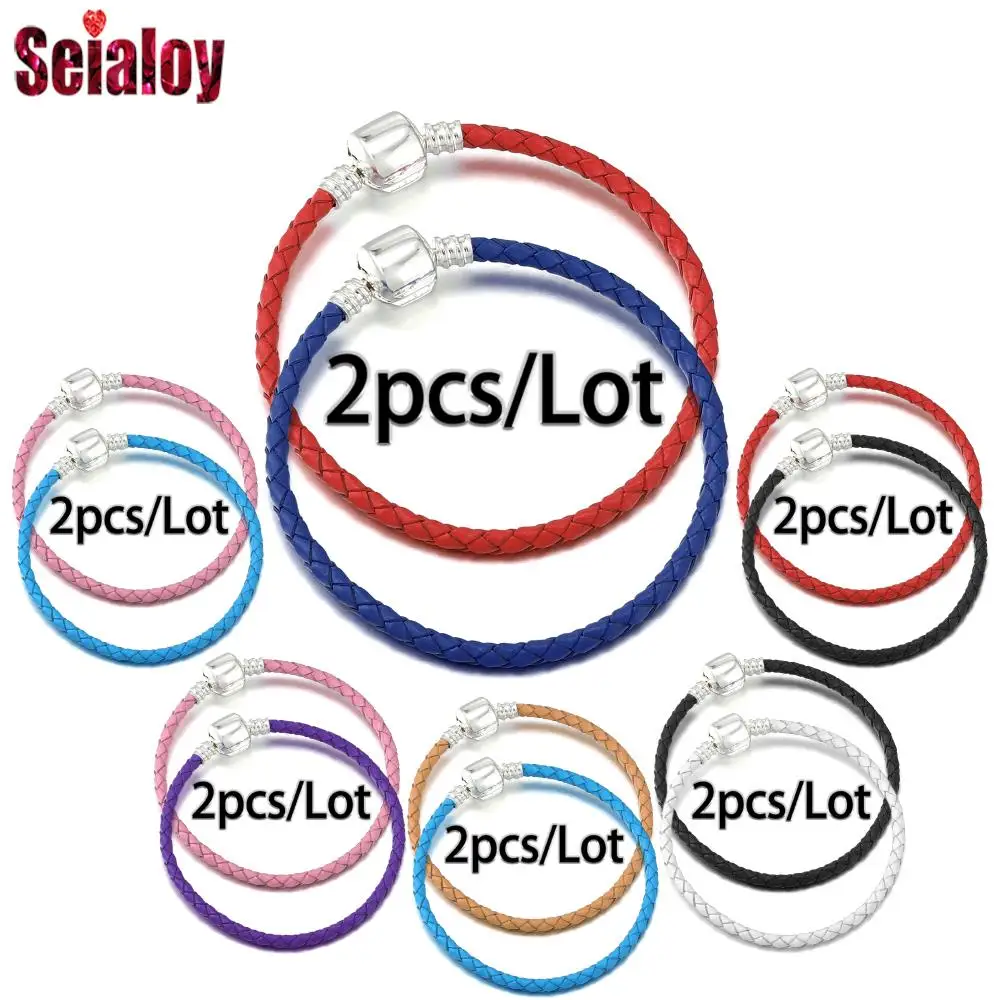 Seialoy 2-pack Round Buckle Genuine Leather Bracelets For Couple Friendship Diy Charm Bracelet Boy Girl Kid Beaded Bangle Gift