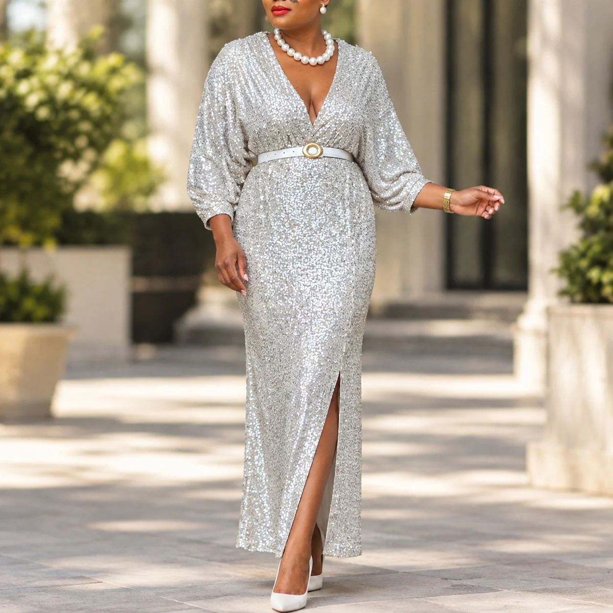 Belt V Neck Belt a Line Silhouette Elegant Style with Bubble Sleeves Relaxed Fit Zipper Front Long Dress Autumn Daily for Women