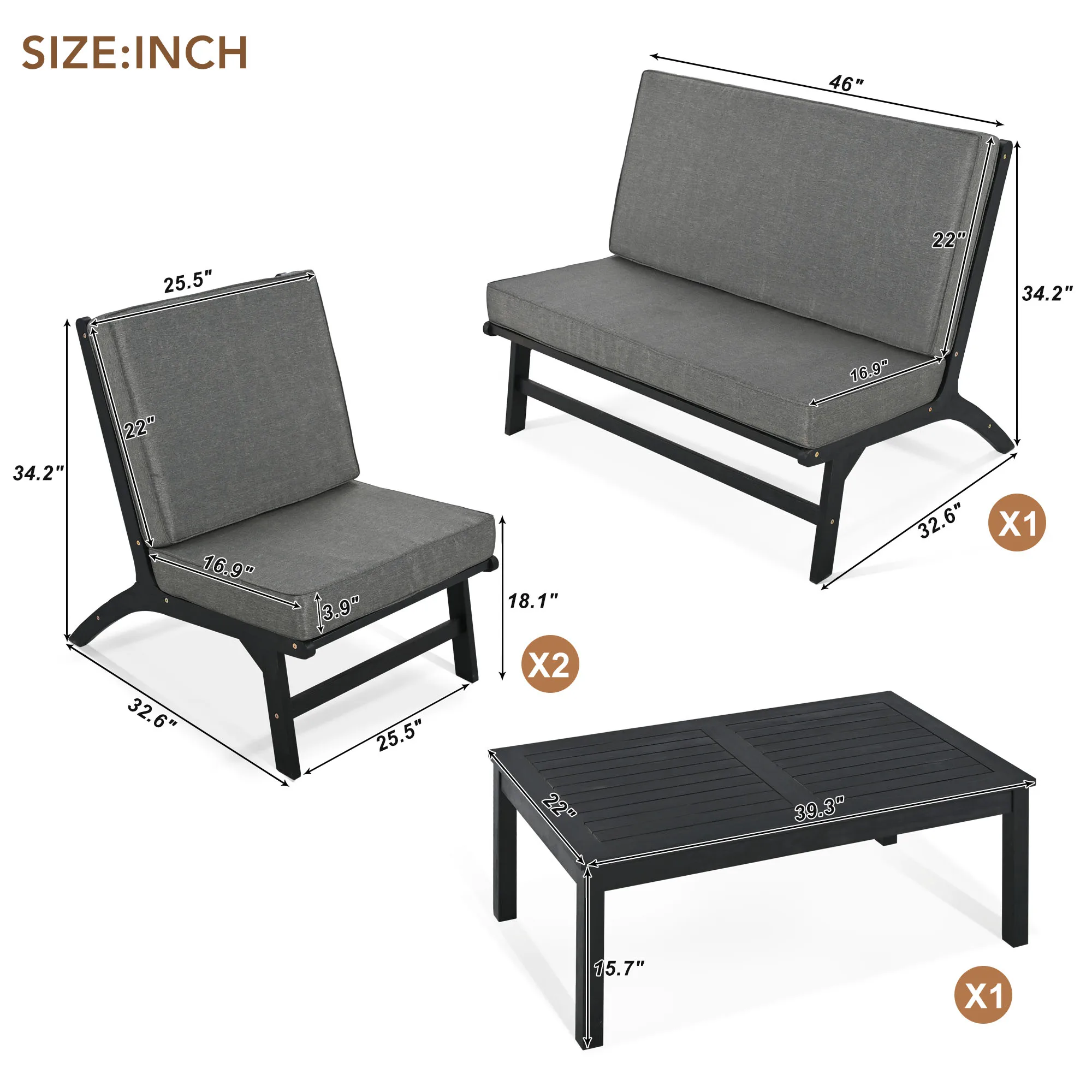 4-Piece V-shaped Seats set, Acacia Solid Wood Outdoor Sofa, Garden Furniture, Outdoor seating, Black And Gray