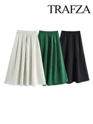 TRAFZA Women Summer Fashion Chic Elastic Waist Pockets Wide Hem Skirts Casual Female Pleated Ankle Length High Street Skirts