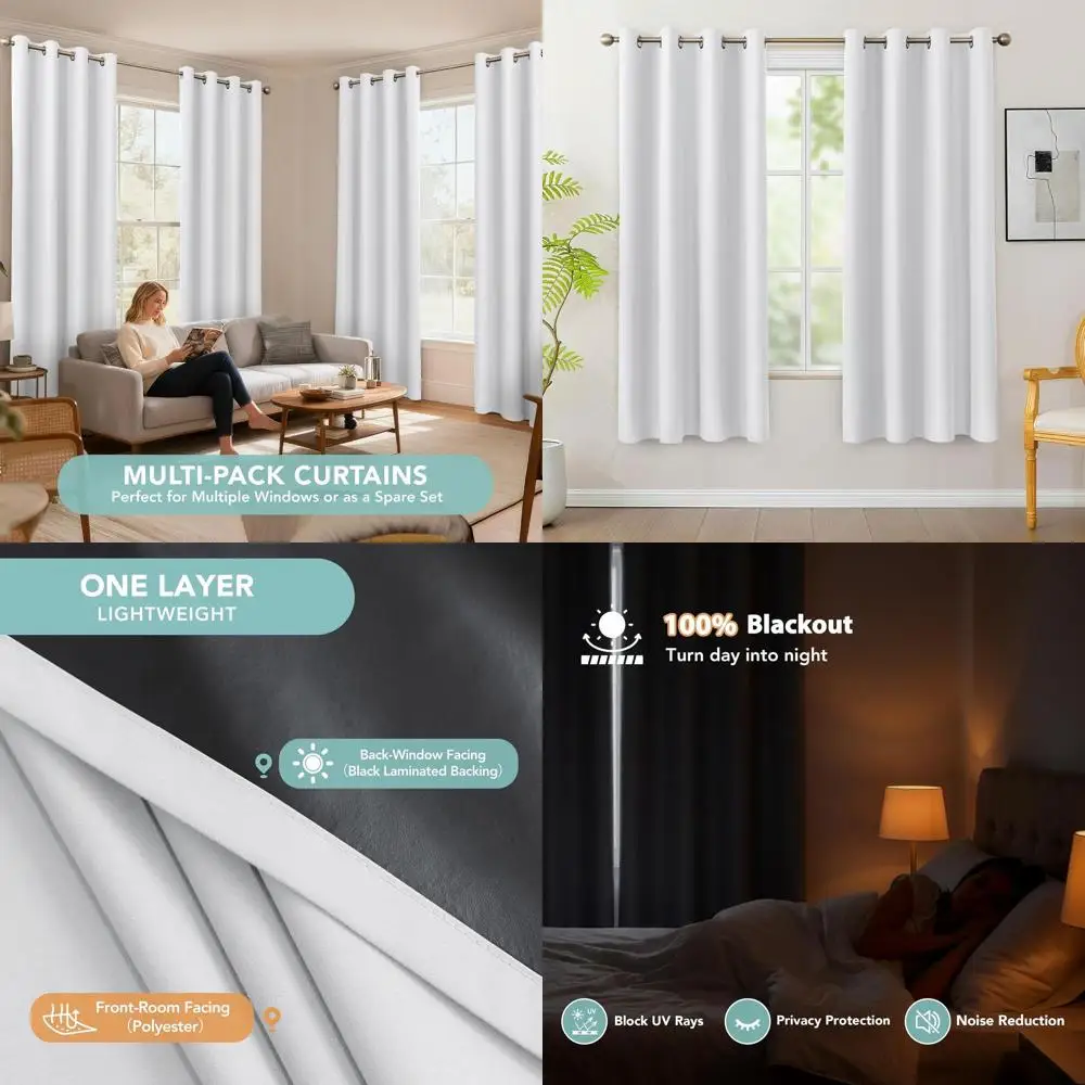 

Thermally Insulated White Curtains, 63 Single Layer, Light Blocking, 4-Panel Grommet Style, for Bedrooms & Living Spaces