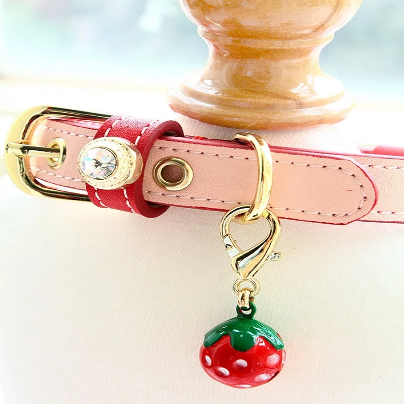 Dog Collar Leash Pet Accessories Cattlehide Real Leather Lychee Texture Cowhide Pink+Red Cowskin Rhinestone Buckle Calfskin New