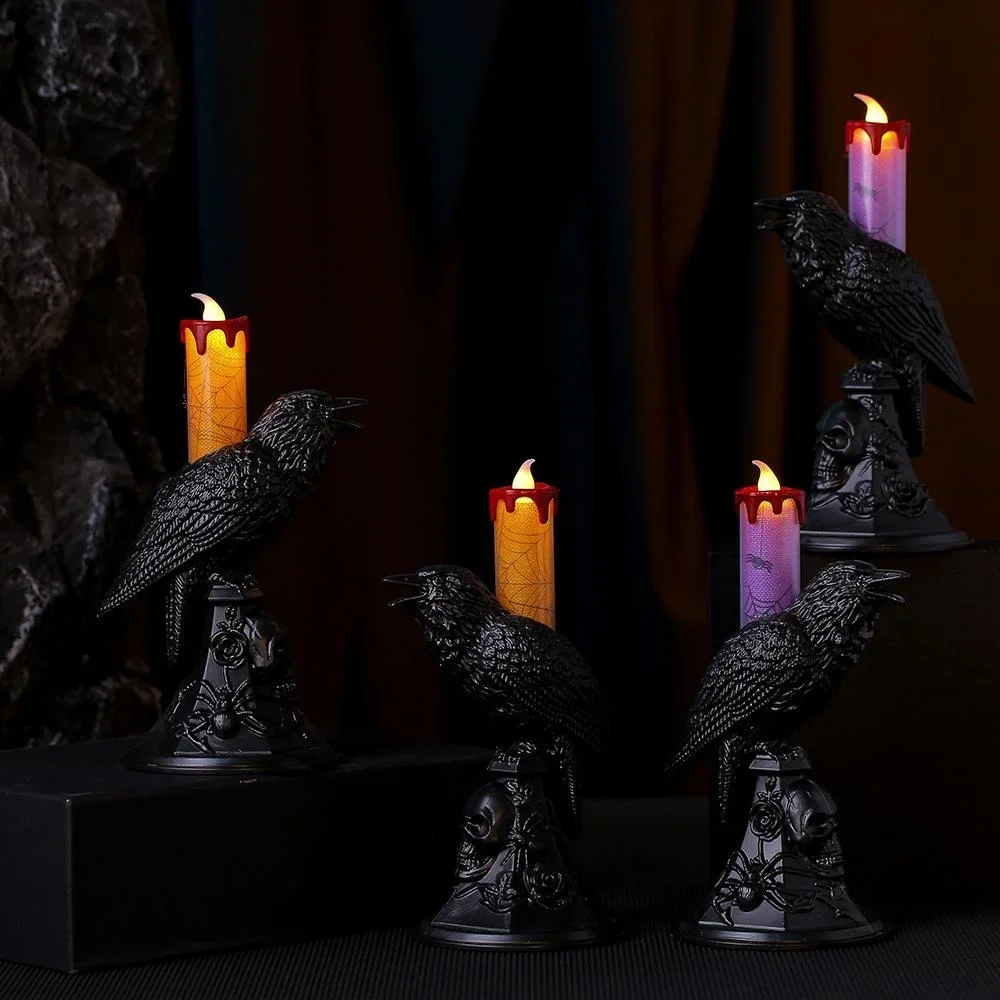 New Black Crow Statue Glowing Candlestick LED Candles Lights Halloween Home Decorations Table Lamp Scary Ornaments Home Supplies