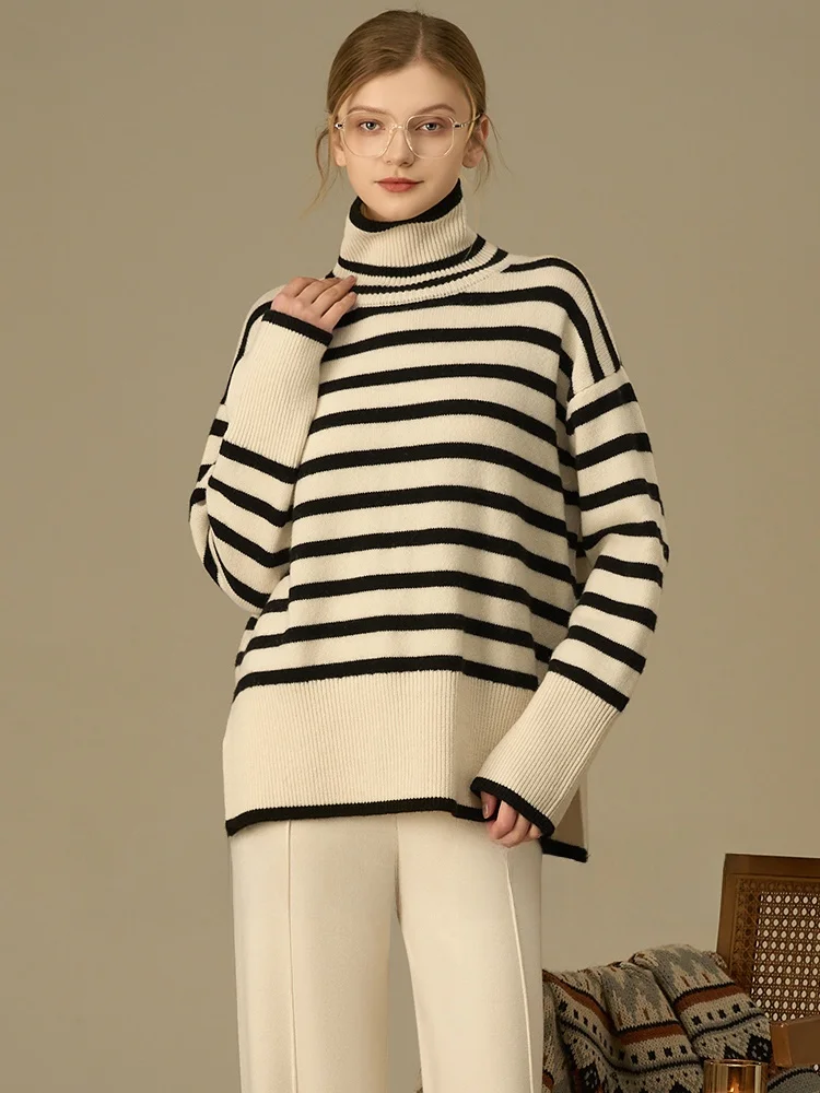 

High Ne Knitted Wool Sweater Striped Color Blo Casual Loose Fit Women's Winter Warm Top Soft Medium Gauge Knit Sweater
