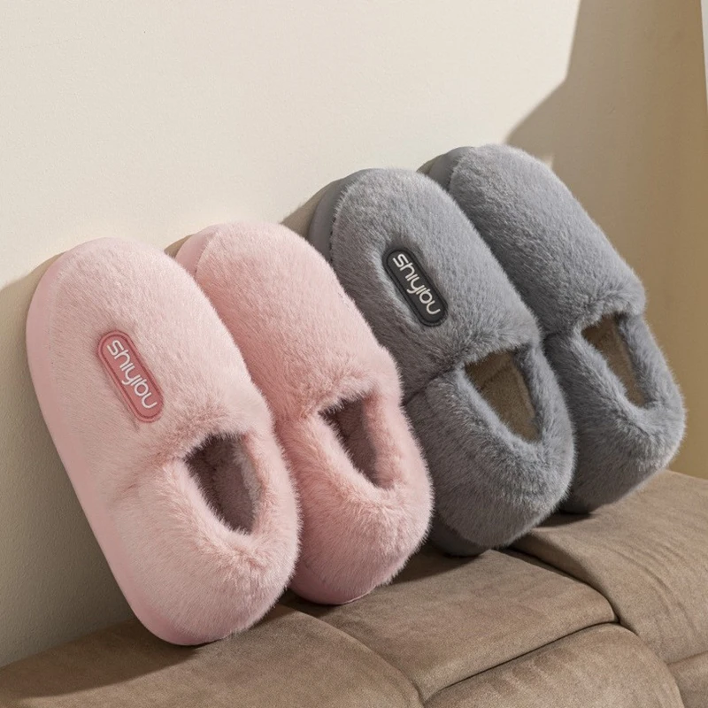 

Fashion Men's Winter Cotton Shoes Women Fluffy House Slippers Comfortable Soft Indoor Plush Flats Couples Warm Bedroom Slides
