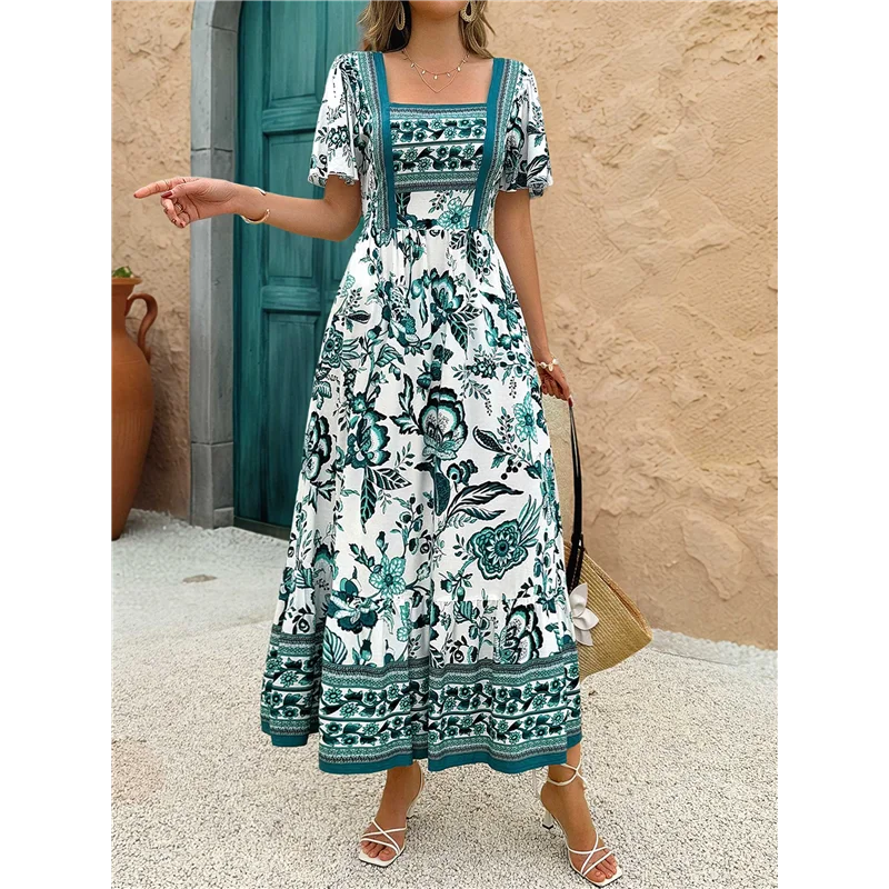 ABRT-Abito lungo fluido casual a strati con stampa floreale Boho a maniche corte estivo 2025 da donna